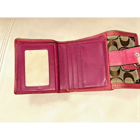 Coach Signature Canvas Tri-Fold Wallet Buckle Tab Leather Trim Brown Pink - Picture 6 of 13